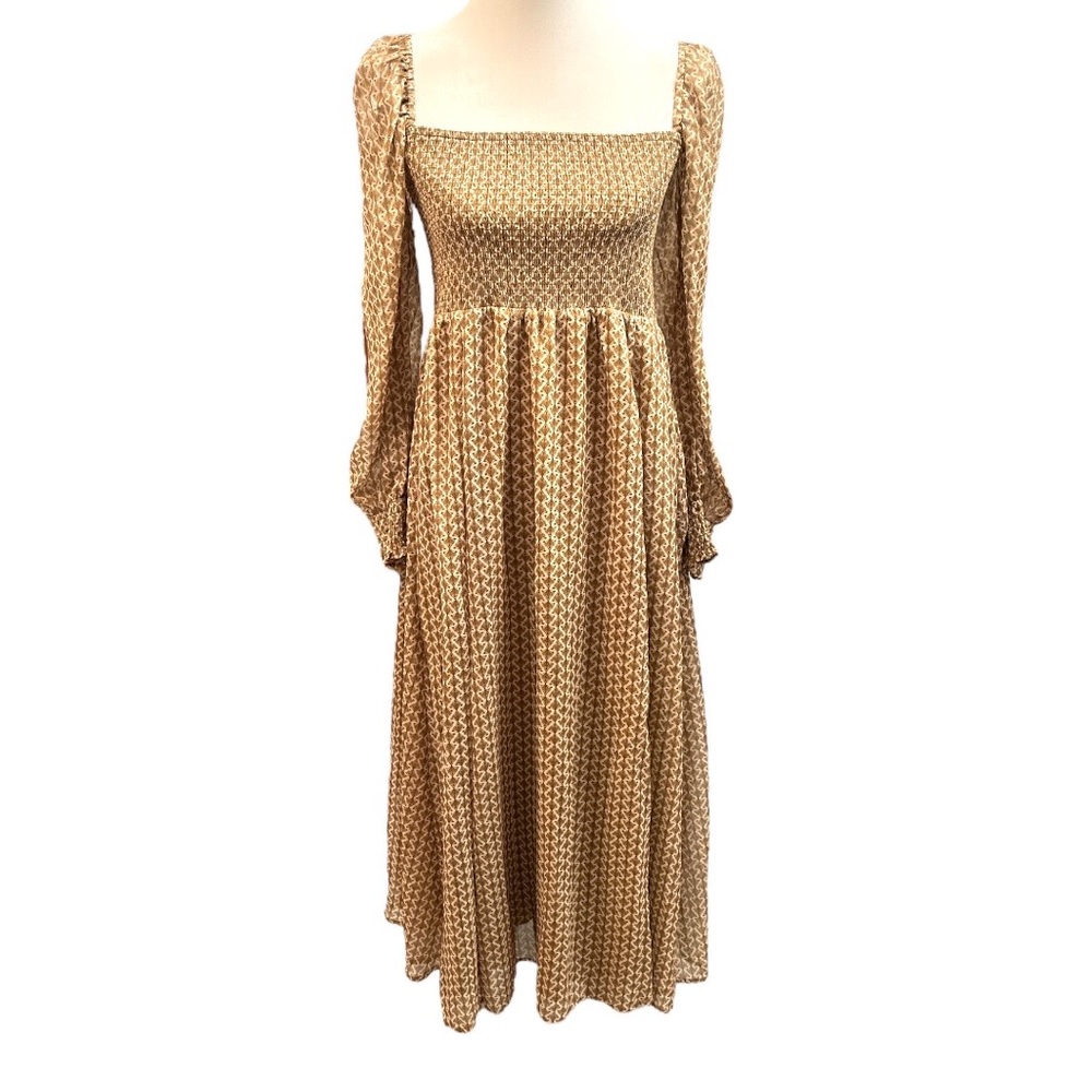 o.p.t Square Neck Smocked Patterned Maxi Dress Brown Gold Cream Size Medium - Picture 8 of 8